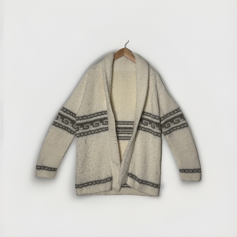 Hand Made Knitted Cardigan for Men Grey and White Granpacore Cabincore Scandi